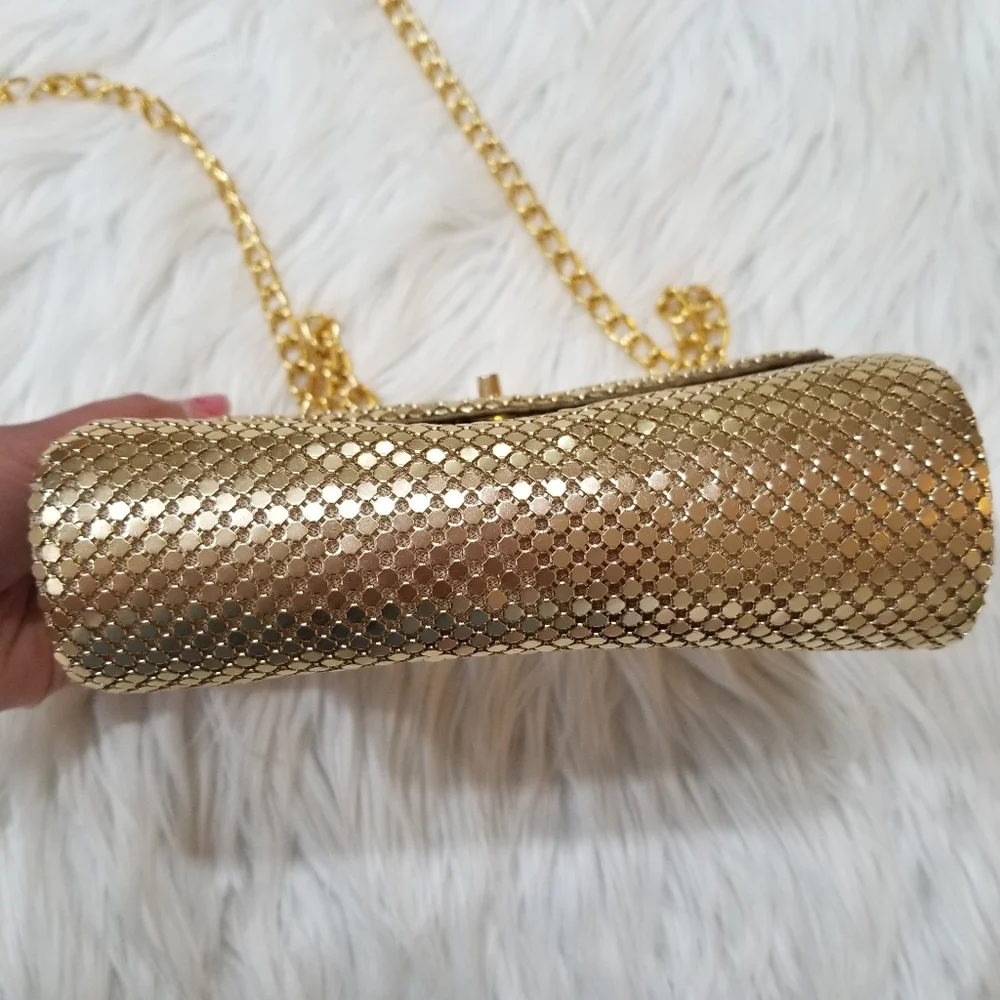 Gold Mesh Evening Clucht Crossbody Bag.